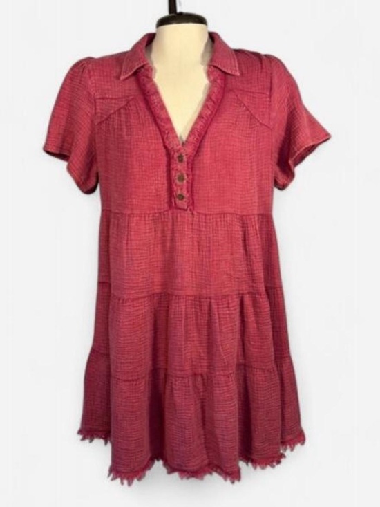 Umgee Dresses & Skirts - Ungee Cotton Gauze Tiered Babydoll Tunic Dress Fuchsia Boho Cottagecore Lg